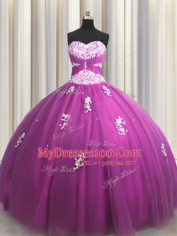 Fuchsia Sweetheart Neckline Beading and Appliques 15 Quinceanera Dress Sleeveless Lace Up