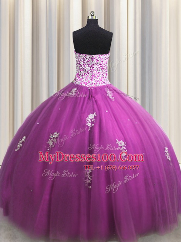 Fuchsia Sweetheart Neckline Beading and Appliques 15 Quinceanera Dress Sleeveless Lace Up