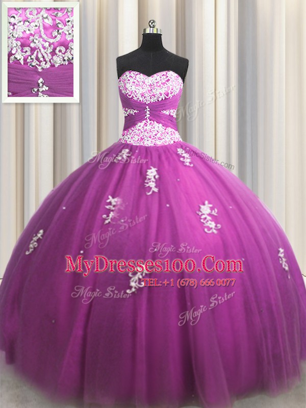 Fuchsia Sweetheart Neckline Beading and Appliques 15 Quinceanera Dress Sleeveless Lace Up