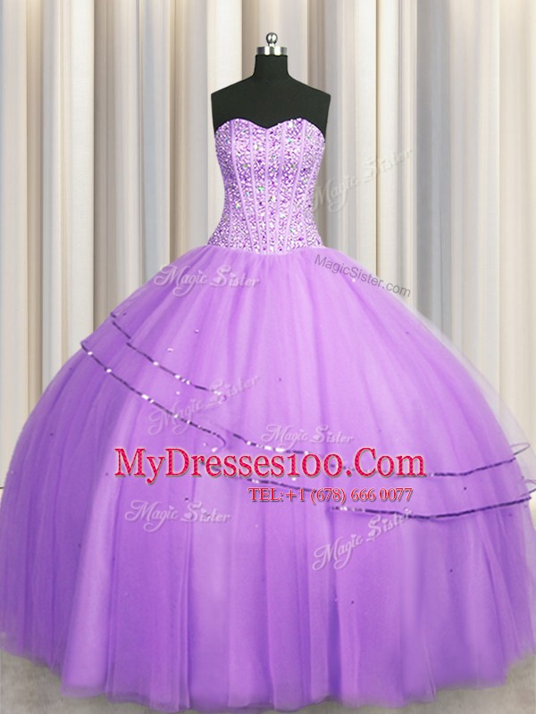 Visible Boning Puffy Skirt Lilac Sweetheart Neckline Beading Ball Gown Prom Dress Sleeveless Lace Up
