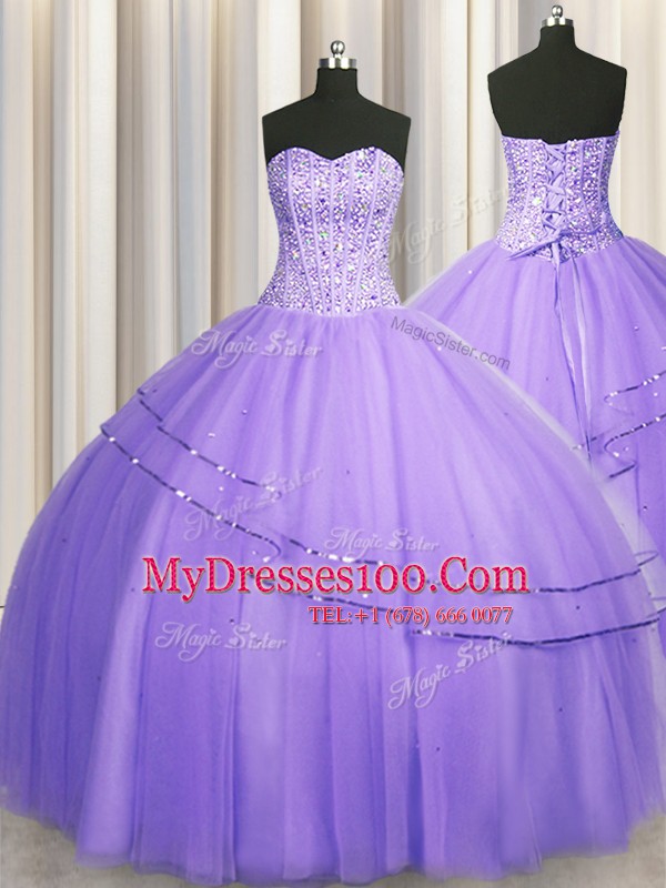 Visible Boning Big Puffy Lavender Tulle Lace Up Sweetheart Sleeveless Floor Length Quinceanera Dresses Beading