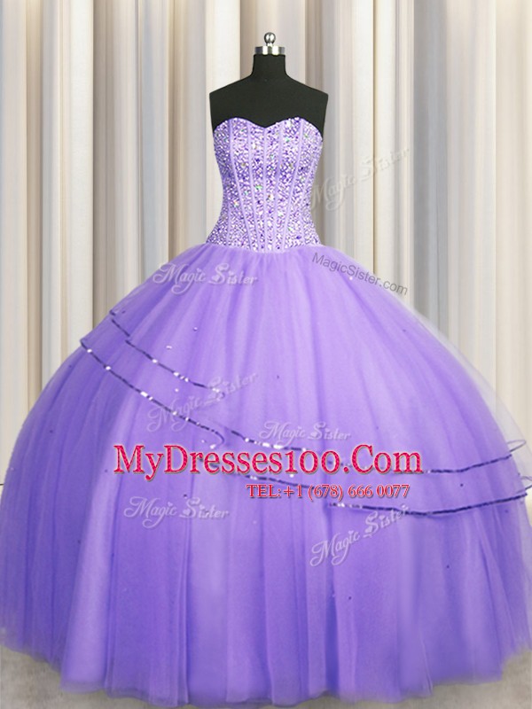 Visible Boning Big Puffy Lavender Tulle Lace Up Sweetheart Sleeveless Floor Length Quinceanera Dresses Beading