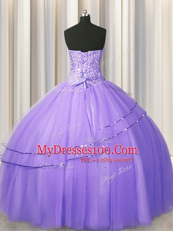 Visible Boning Big Puffy Lavender Tulle Lace Up Sweetheart Sleeveless Floor Length Quinceanera Dresses Beading