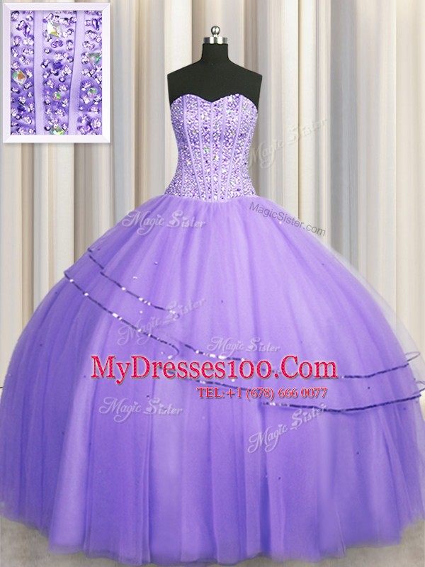 Visible Boning Big Puffy Lavender Tulle Lace Up Sweetheart Sleeveless Floor Length Quinceanera Dresses Beading