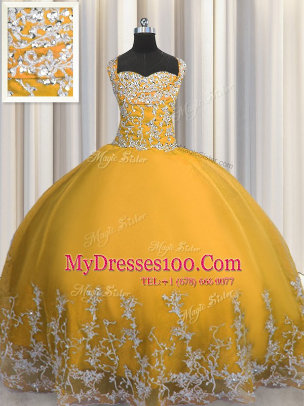 Gold Ball Gowns Tulle Straps Sleeveless Beading and Appliques Floor Length Lace Up Quinceanera Dresses