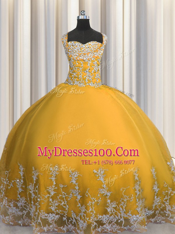 Gold Ball Gowns Tulle Straps Sleeveless Beading and Appliques Floor Length Lace Up Quinceanera Dresses