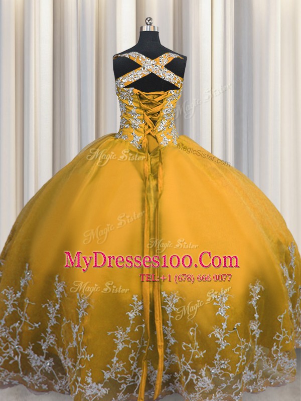 Gold Ball Gowns Tulle Straps Sleeveless Beading and Appliques Floor Length Lace Up Quinceanera Dresses