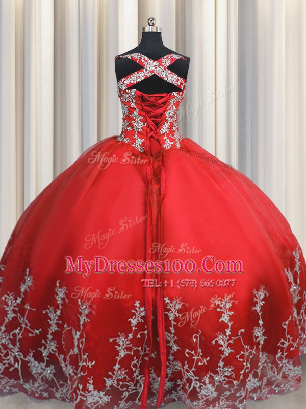 Coral Red Lace Up Quinceanera Gowns Beading and Appliques Sleeveless Floor Length