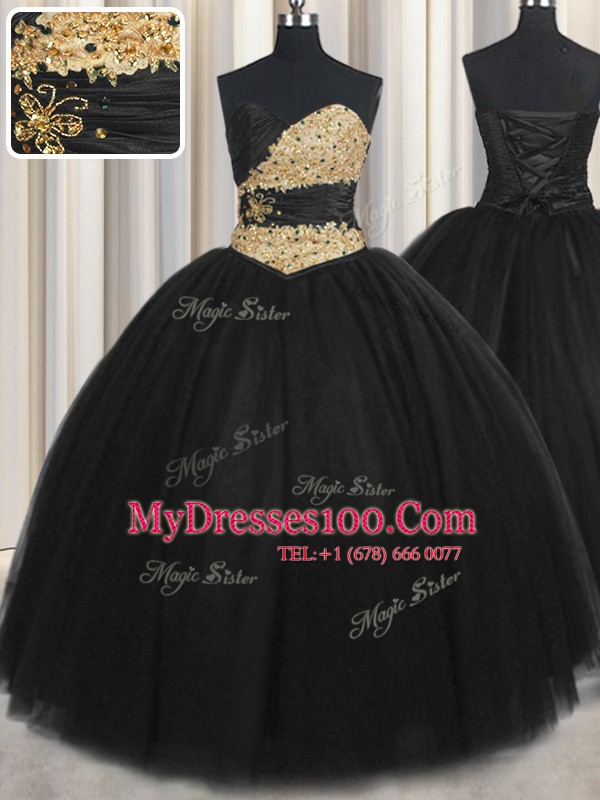 Custom Fit Black Tulle Lace Up Sweetheart Sleeveless Floor Length Quinceanera Gown Beading and Appliques and Ruching and Belt