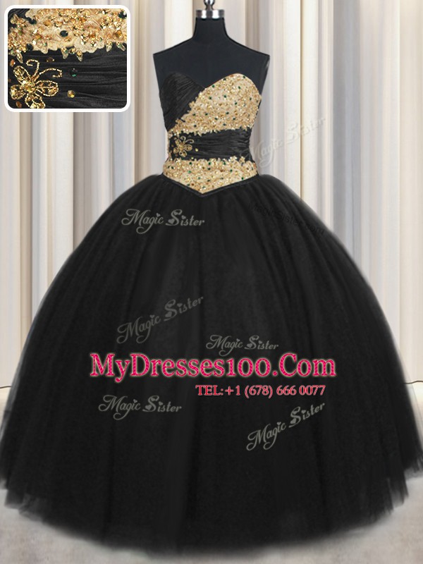 Custom Fit Black Tulle Lace Up Sweetheart Sleeveless Floor Length Quinceanera Gown Beading and Appliques and Ruching and Belt