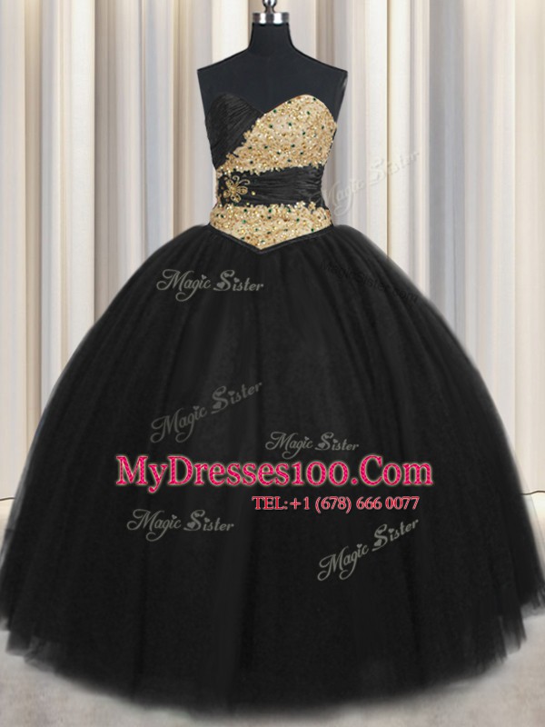 Custom Fit Black Tulle Lace Up Sweetheart Sleeveless Floor Length Quinceanera Gown Beading and Appliques and Ruching and Belt