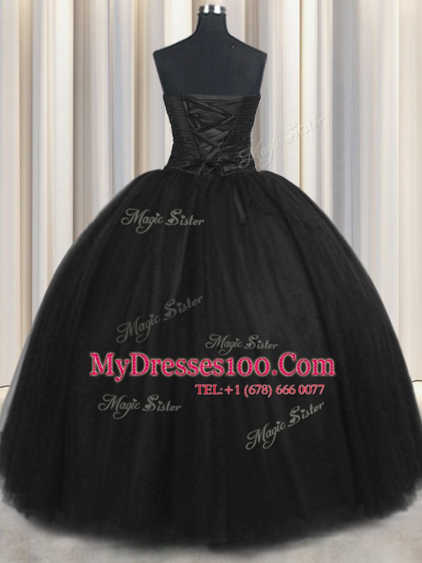 Custom Fit Black Tulle Lace Up Sweetheart Sleeveless Floor Length Quinceanera Gown Beading and Appliques and Ruching and Belt