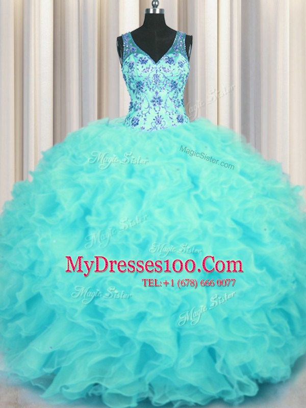 V-neck Sleeveless Ball Gown Prom Dress Floor Length Beading and Appliques and Ruffles Aqua Blue Organza
