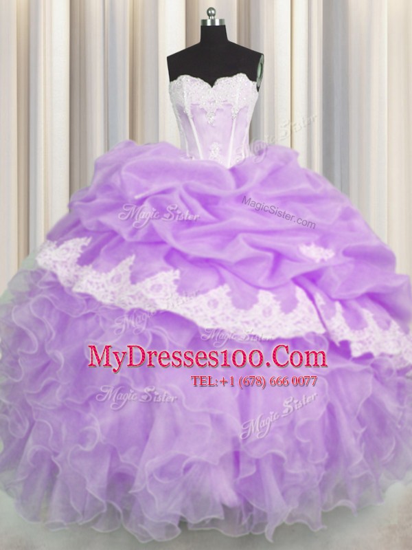 Pick Ups Lilac Sleeveless Organza Lace Up 15 Quinceanera Dress for Military Ball and Sweet 16 and Quinceanera