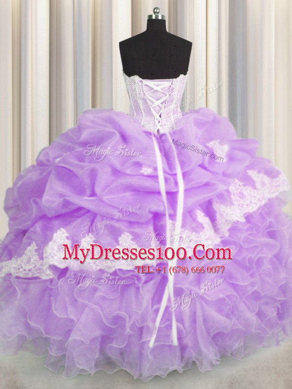 Pick Ups Lilac Sleeveless Organza Lace Up 15 Quinceanera Dress for Military Ball and Sweet 16 and Quinceanera
