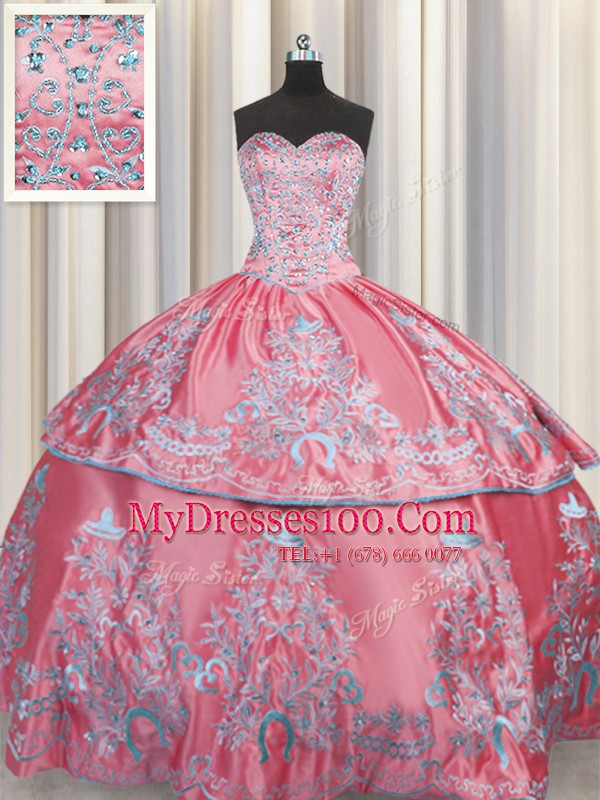 Embroidery Ball Gowns 15 Quinceanera Dress Rose Pink Sweetheart Taffeta Sleeveless Floor Length Lace Up