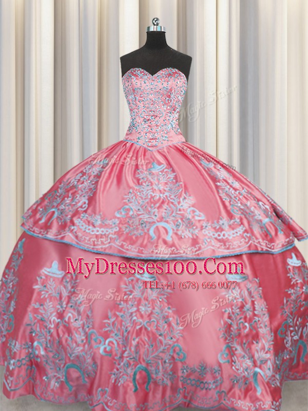 Embroidery Ball Gowns 15 Quinceanera Dress Rose Pink Sweetheart Taffeta Sleeveless Floor Length Lace Up