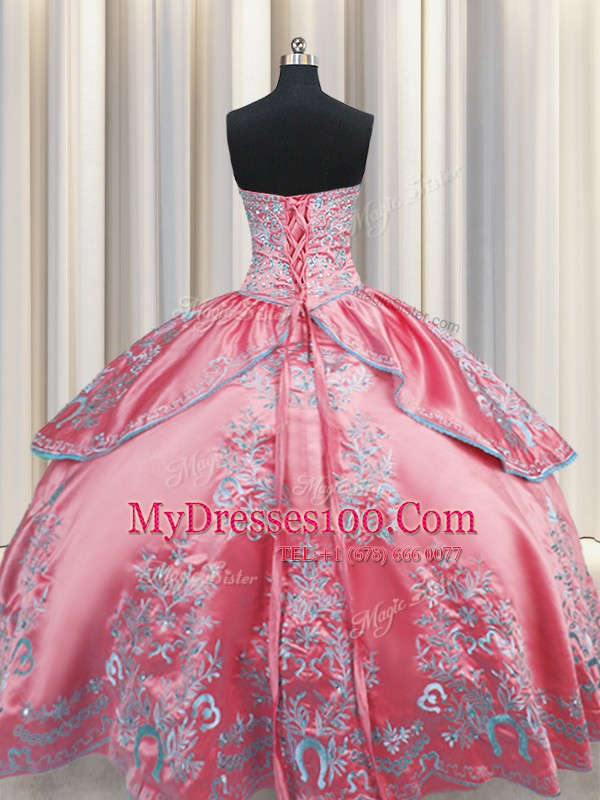Embroidery Ball Gowns 15 Quinceanera Dress Rose Pink Sweetheart Taffeta Sleeveless Floor Length Lace Up