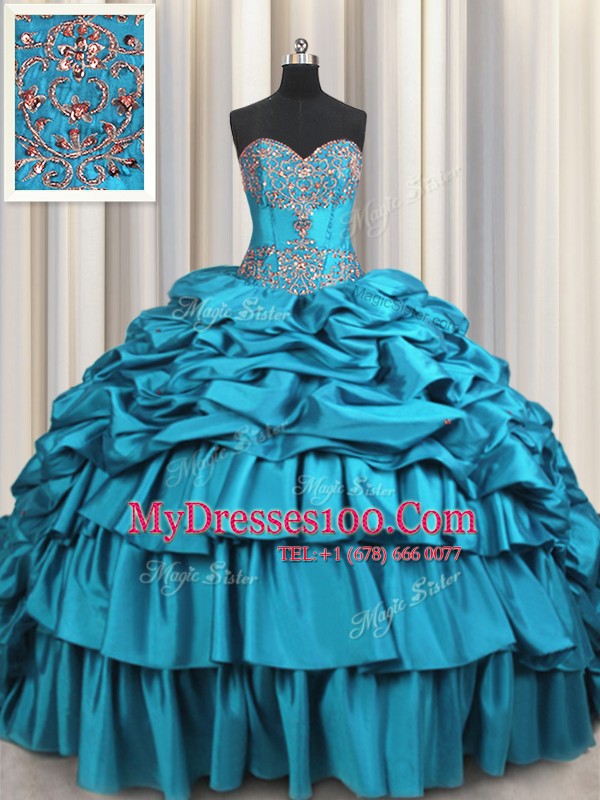 Teal Ball Gowns Sweetheart Sleeveless Taffeta Brush Train Lace Up Beading and Embroidery and Ruffled Layers and Pick Ups Quince Ball Gowns