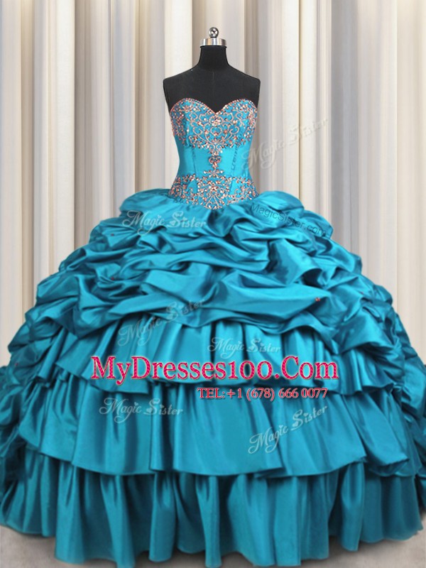 Teal Ball Gowns Sweetheart Sleeveless Taffeta Brush Train Lace Up Beading and Embroidery and Ruffled Layers and Pick Ups Quince Ball Gowns