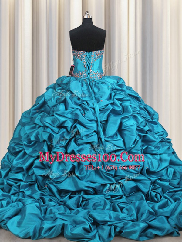 Teal Ball Gowns Sweetheart Sleeveless Taffeta Brush Train Lace Up Beading and Embroidery and Ruffled Layers and Pick Ups Quince Ball Gowns