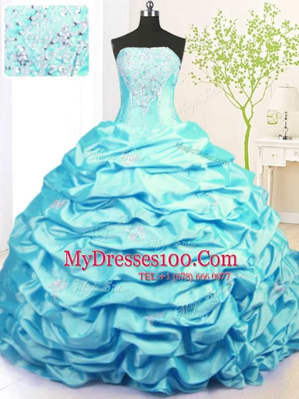 Fancy Pick Ups Strapless Sleeveless Sweep Train Lace Up Sweet 16 Quinceanera Dress Aqua Blue Taffeta