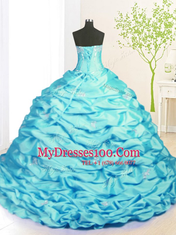 Fancy Pick Ups Strapless Sleeveless Sweep Train Lace Up Sweet 16 Quinceanera Dress Aqua Blue Taffeta