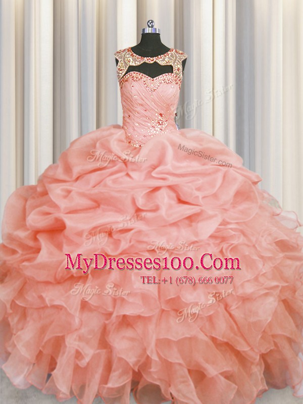 Chic Baby Pink Scoop Lace Up Beading and Pick Ups Quinceanera Dress Sleeveless