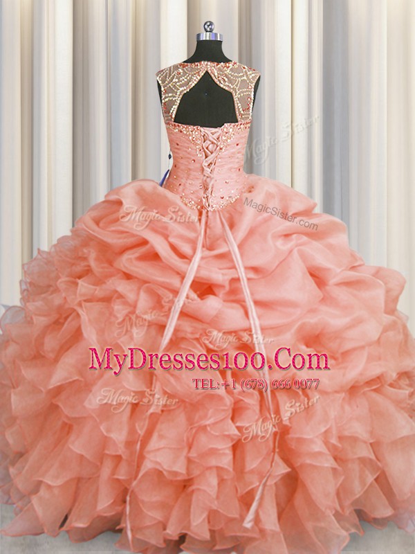 Chic Baby Pink Scoop Lace Up Beading and Pick Ups Quinceanera Dress Sleeveless