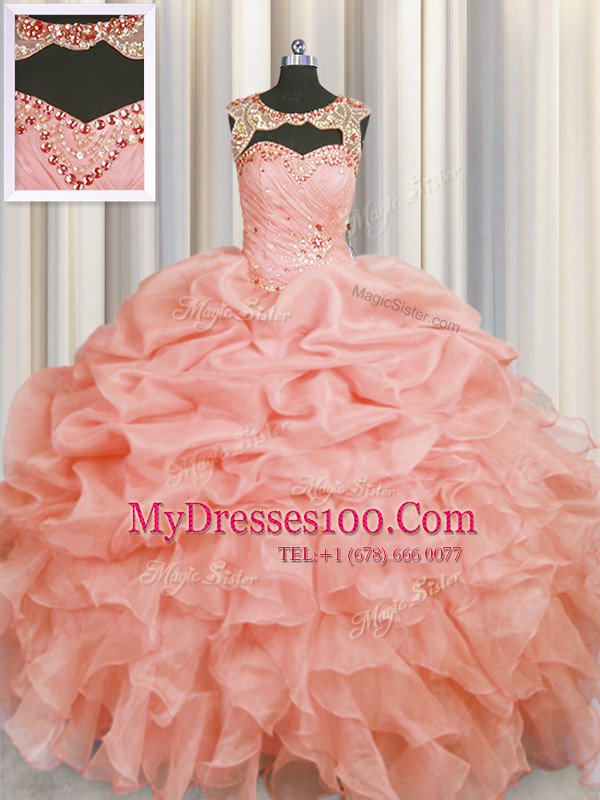 Chic Baby Pink Scoop Lace Up Beading and Pick Ups Quinceanera Dress Sleeveless