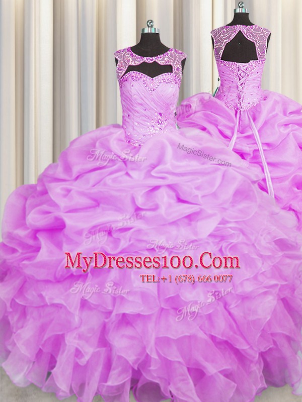 Suitable Scoop Lilac Organza Lace Up Sweet 16 Dresses Sleeveless Floor Length Beading and Pick Ups