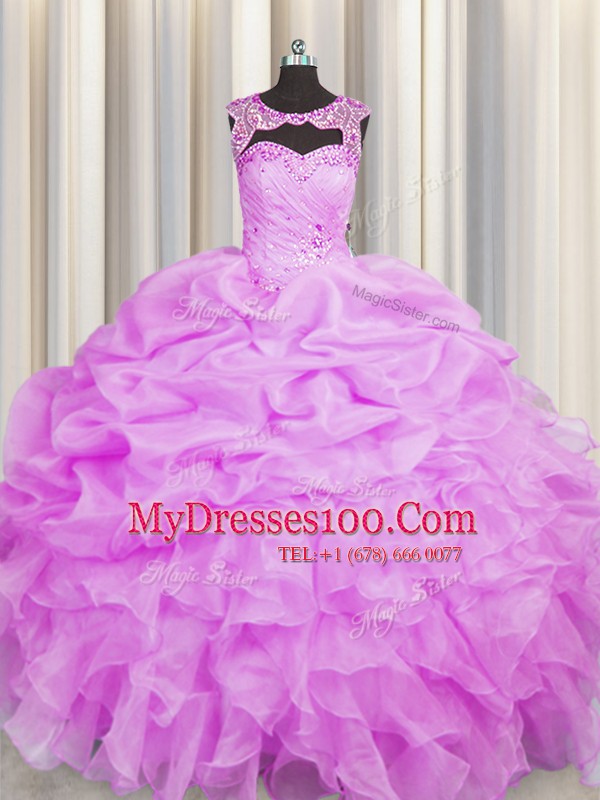 Suitable Scoop Lilac Organza Lace Up Sweet 16 Dresses Sleeveless Floor Length Beading and Pick Ups