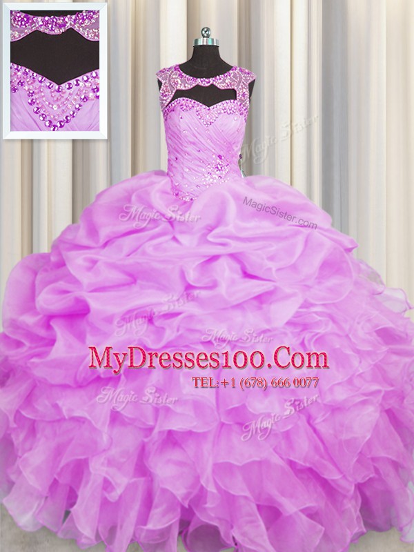 Suitable Scoop Lilac Organza Lace Up Sweet 16 Dresses Sleeveless Floor Length Beading and Pick Ups