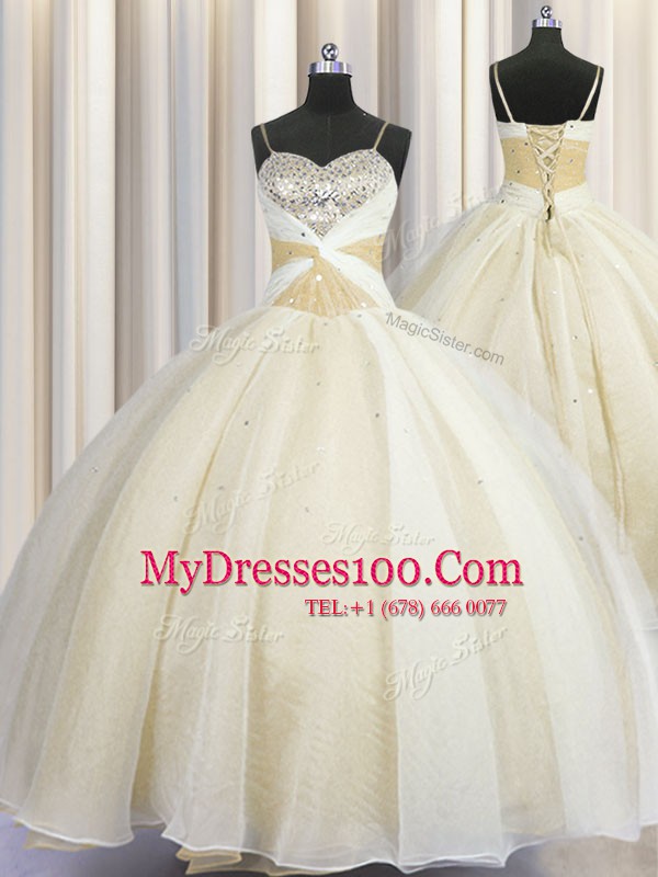 Sophisticated Spaghetti Straps Organza Sleeveless Floor Length Quinceanera Gowns and Beading and Ruching