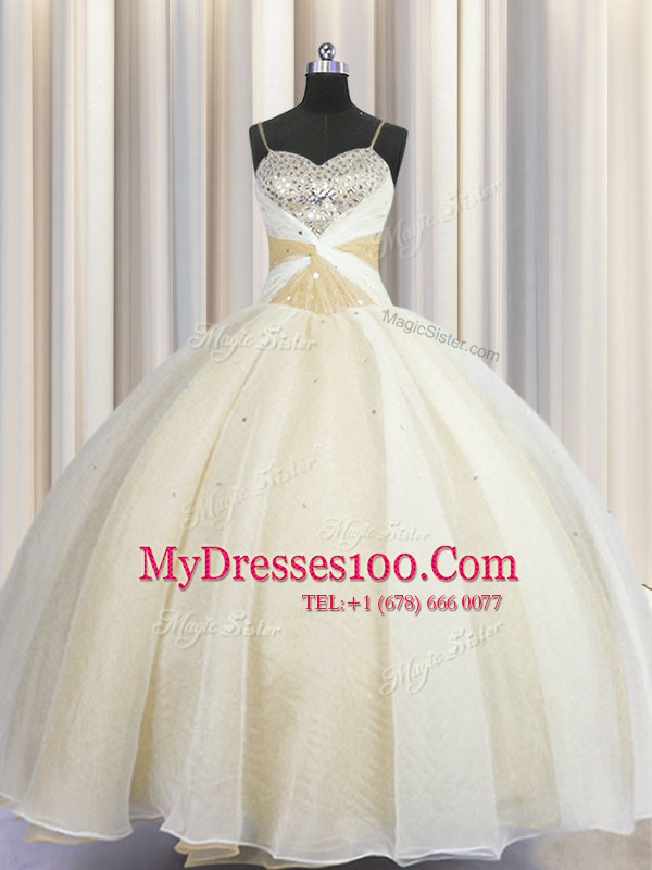Sophisticated Spaghetti Straps Organza Sleeveless Floor Length Quinceanera Gowns and Beading and Ruching