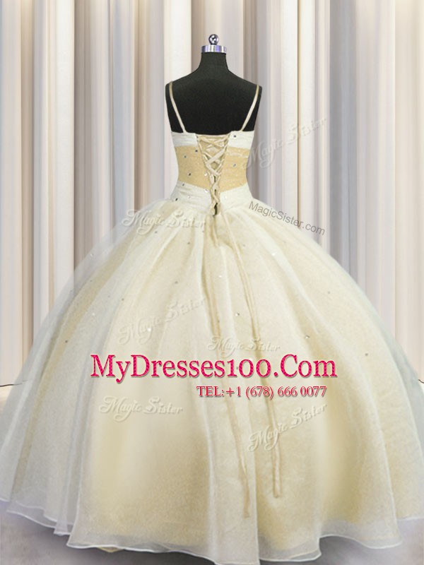 Sophisticated Spaghetti Straps Organza Sleeveless Floor Length Quinceanera Gowns and Beading and Ruching