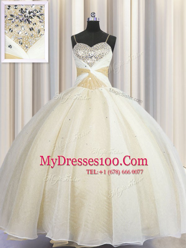Sophisticated Spaghetti Straps Organza Sleeveless Floor Length Quinceanera Gowns and Beading and Ruching