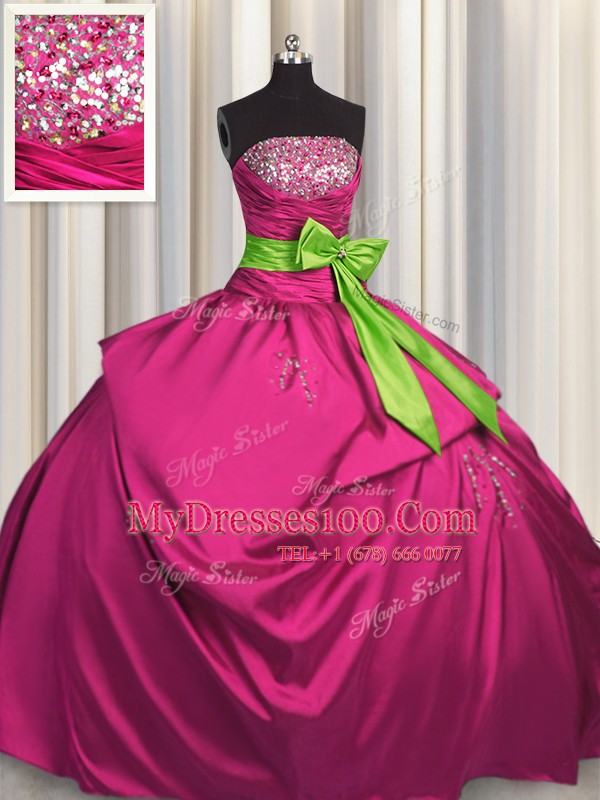 Fabulous Fuchsia Satin Lace Up Strapless Sleeveless Floor Length 15 Quinceanera Dress Beading and Ruching and Bowknot
