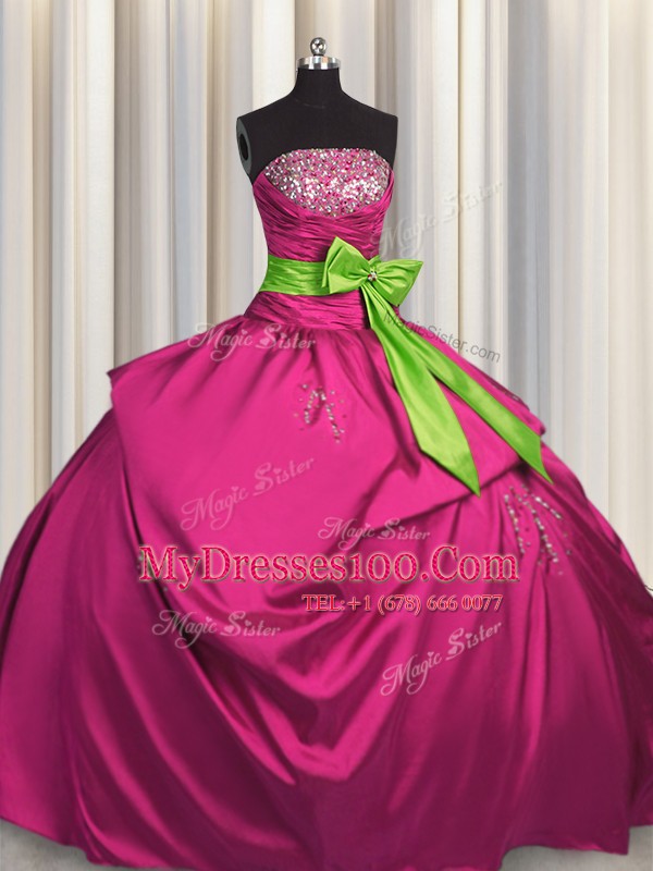 Fabulous Fuchsia Satin Lace Up Strapless Sleeveless Floor Length 15 Quinceanera Dress Beading and Ruching and Bowknot