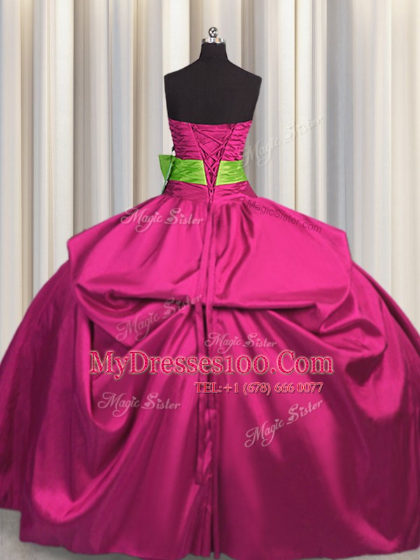 Fabulous Fuchsia Satin Lace Up Strapless Sleeveless Floor Length 15 Quinceanera Dress Beading and Ruching and Bowknot