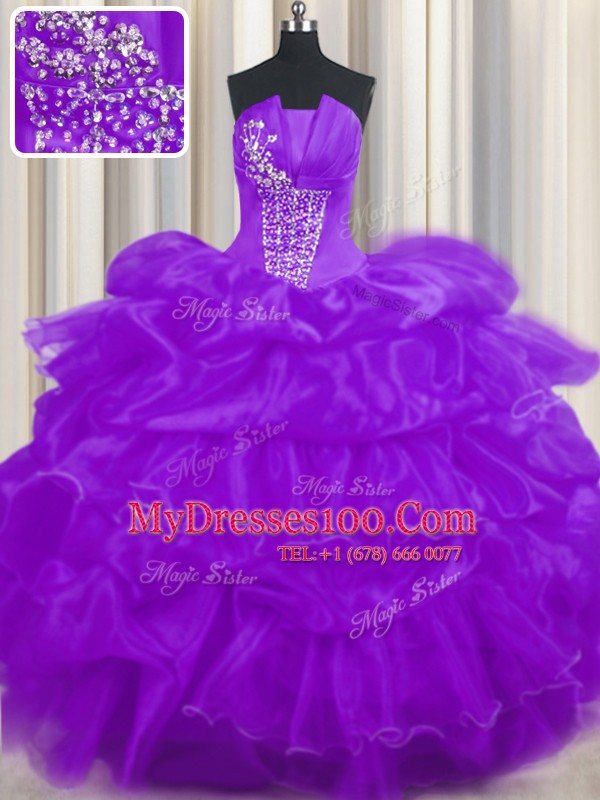 Sleeveless Organza Floor Length Lace Up 15th Birthday Dress in Purple with Beading and Ruffled Layers and Pick Ups