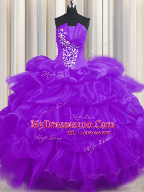Sleeveless Organza Floor Length Lace Up 15th Birthday Dress in Purple with Beading and Ruffled Layers and Pick Ups