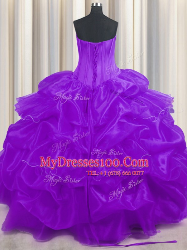 Sleeveless Organza Floor Length Lace Up 15th Birthday Dress in Purple with Beading and Ruffled Layers and Pick Ups