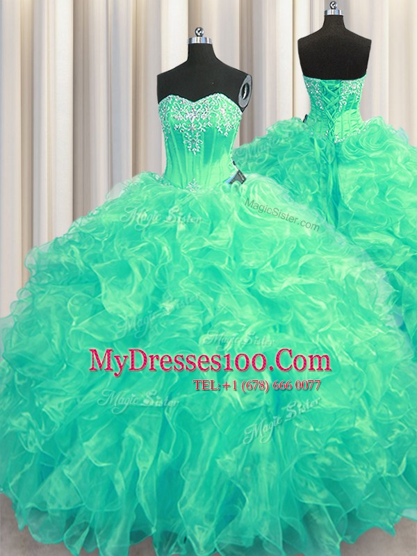 Modern Sleeveless Organza Brush Train Lace Up 15th Birthday Dress in Turquoise with Beading and Ruffles