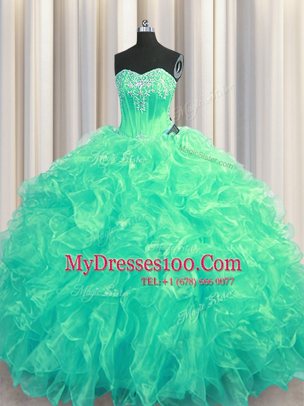 Modern Sleeveless Organza Brush Train Lace Up 15th Birthday Dress in Turquoise with Beading and Ruffles