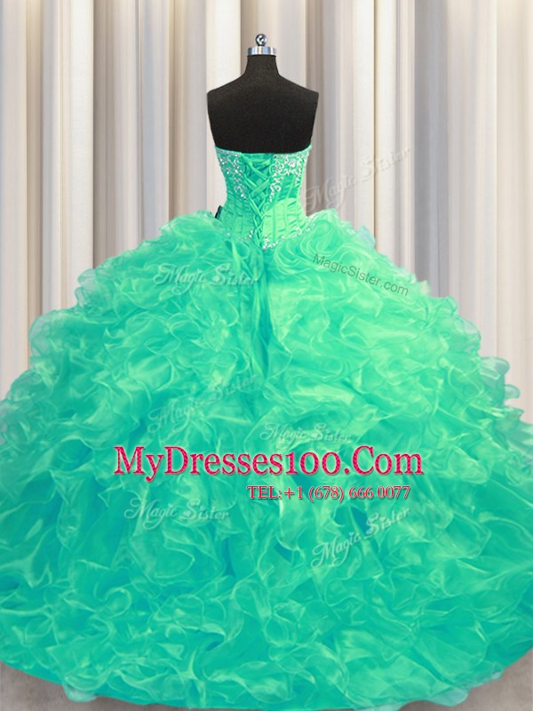 Modern Sleeveless Organza Brush Train Lace Up 15th Birthday Dress in Turquoise with Beading and Ruffles