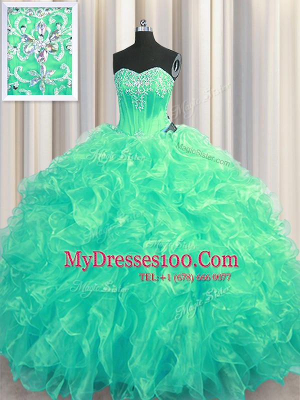 Modern Sleeveless Organza Brush Train Lace Up 15th Birthday Dress in Turquoise with Beading and Ruffles