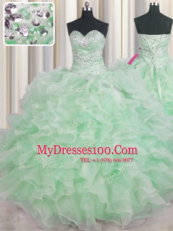 Unique Apple Green Sleeveless Beading and Ruffles Floor Length Ball Gown Prom Dress
