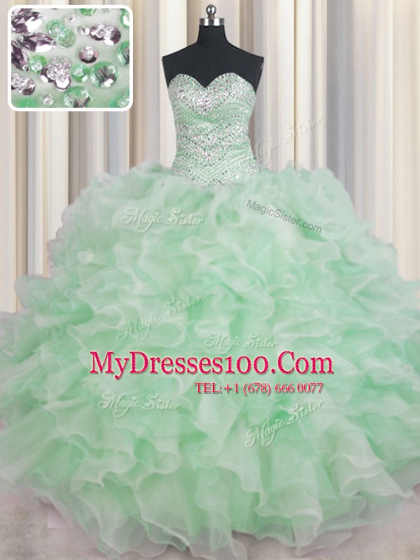 Unique Apple Green Sleeveless Beading and Ruffles Floor Length Ball Gown Prom Dress