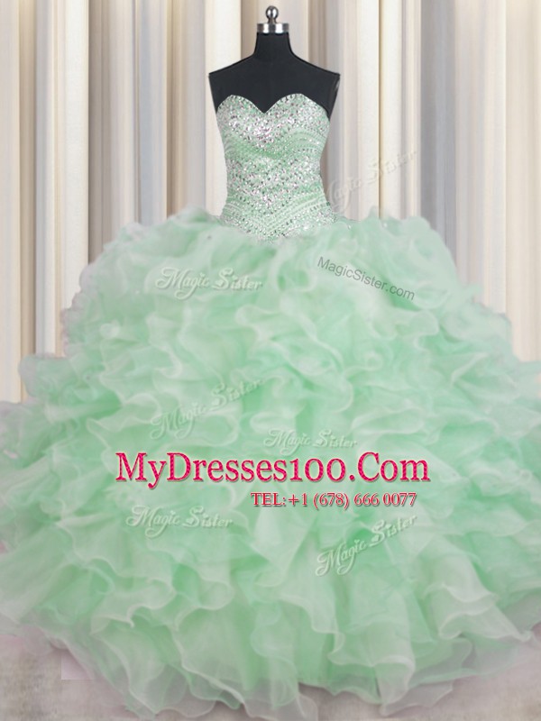 Unique Apple Green Sleeveless Beading and Ruffles Floor Length Ball Gown Prom Dress